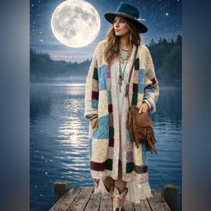 Vintage Multicolor Patchwork Wool Long Cardigan - Teal, Burgundy, Blue, Cream